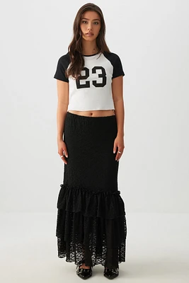 Ardene Lace Tiered Midi Skirt in Black | Size | Nylon/Spandex