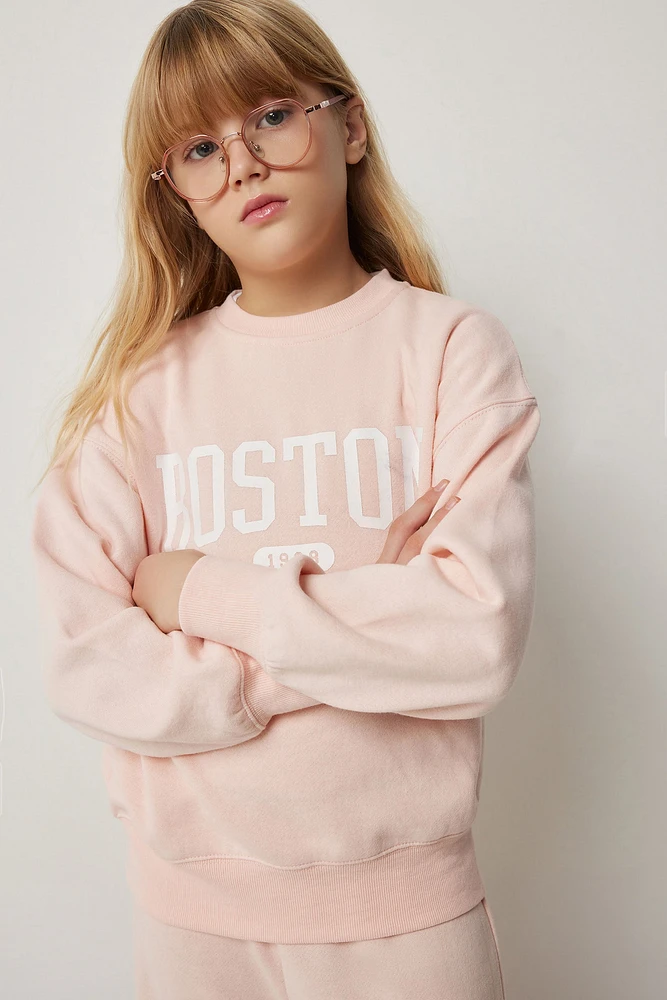 Ardene Kids Destination Crew Neck Sweatshirt in Light Pink | Size | Polyester/Cotton | Fleece-Lined