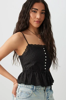 Ardene Button Front Eyelet Tank Top in Black | Size | 100% Cotton
