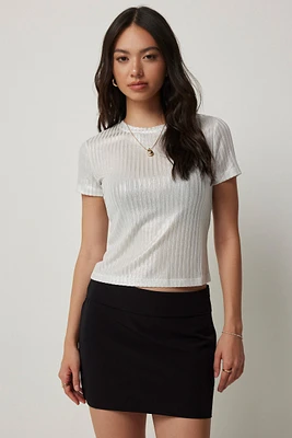 Ardene A.C.W. Metallic Effect T-Shirt in Light Grey | Size XS | Polyester/Elastane