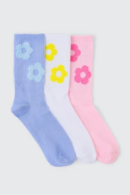 Ardene 3-Pack of Crew Socks with Fuzzy Daisies in Medium Blue | Polyester/Spandex