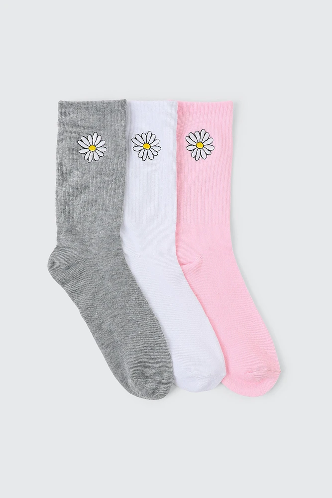 Ardene 3-Pack Crew Socks with Daisy Embroideries in Light Pink | Polyester/Spandex