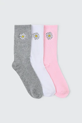 Ardene 3-Pack Crew Socks with Daisy Embroideries in Light Pink | Polyester/Spandex