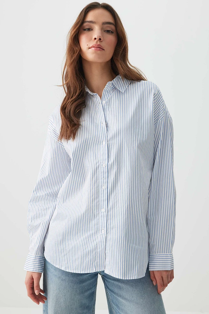 Ardene Striped Oversized Shirt in Medium Blue | Size Small | 100% Cotton
