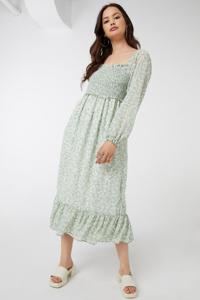 Ardene Floral Smocked Peasant Dress in Green | Women's Size | Polyester