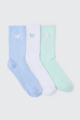 Ardene 3-Pack of Butterfly Crew Socks in Light Blue | Polyester/Spandex