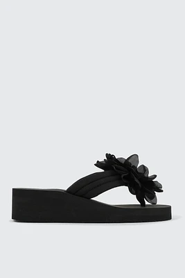 Ardene 3D Flower Wedge Flip-Flops Sandals in Black | Size