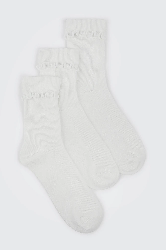 Ardene 3-Pack Lettuce Edge Crew Socks in White | Polyester/Spandex