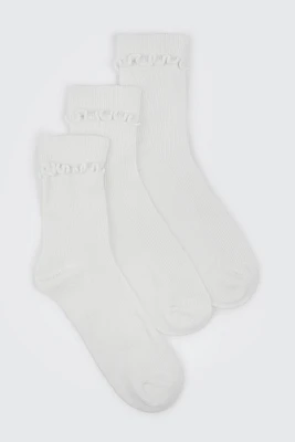 Ardene 3-Pack Lettuce Edge Crew Socks in White | Polyester/Spandex