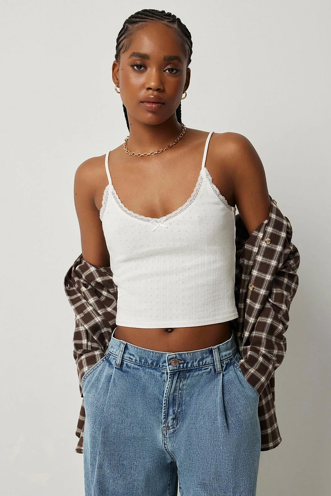 Ardene Pointelle Lace Trim Tank in | Size | 100% Cotton