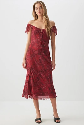 Ardene Mesh Midi Dress with Slit in Burgundy | Size XS | Polyester/Spandex