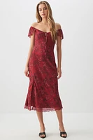 Ardene Mesh Midi Dress with Slit in Burgundy | Size XS | Polyester/Spandex