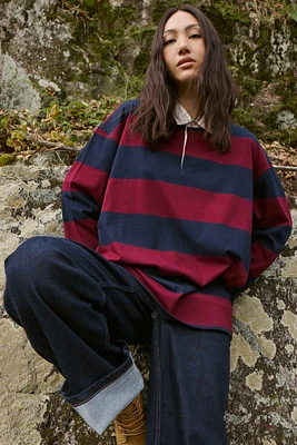 Ardene Striped Long Sleeve Polo in Burgundy | Size | 100% Cotton