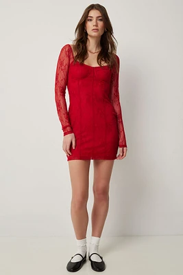 Ardene Long Sleeve Lace Mini Dress in Red | Size | Polyester/Elastane