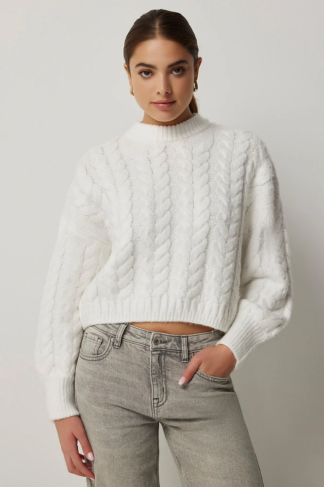 Ardene Short Cable Knit Sweater in White | Size Small | Polyester | Eco-Conscious