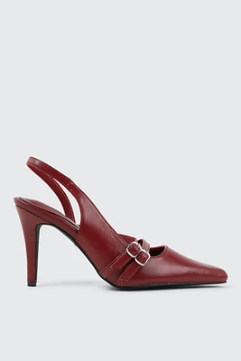 Ardene Double Buckle Slingback Pumps in Burgundy | Size 8 | Faux Leather | Eco-Conscious