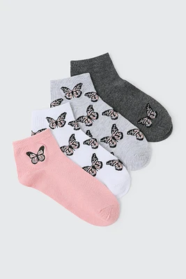 Ardene 4-Pack Butterfly Ankle Socks in Light Pink | Polyester/Spandex