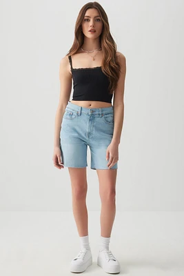 Ardene High Rise Denim Bermuda Shorts in Light Blue | Size | Cotton/Elastane
