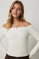 Ardene Off Shoulder Shape Knit Sweater in White | Size Small | Nylon/Elastane