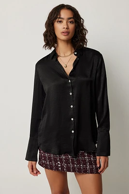Ardene Flared Sleeve Satin Shirt in Black | Size Large | Polyester