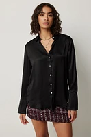 Ardene Flared Sleeve Satin Shirt in Black | Size Large | Polyester
