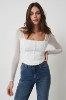 Ardene Long Sleeve Mesh Top with Bustier Seams in White | Size XS | Polyester/Elastane