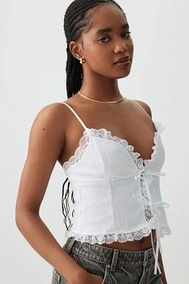 Ardene Tie Front Tank Top with Lace Trim in | Size | Polyester/Spandex