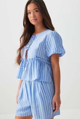 Ardene Pinstriped Bubble Sleeve Babydoll Top in Medium Blue | Size | 100% Cotton/Polyamide/Viscose