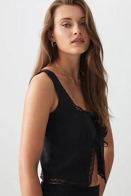 Ardene Tie Front Prairie Top in Black | Size Medium | Rayon