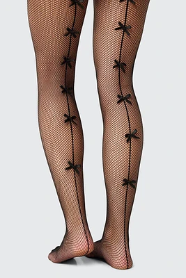 Ardene Fishnet Tights with Bow in Black | Size Large | Nylon/Spandex