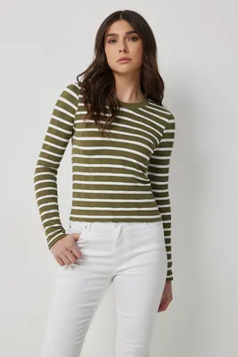 Ardene Cropped Long Sleeve T-Shirt in Medium Green | Size | Nylon/Elastane