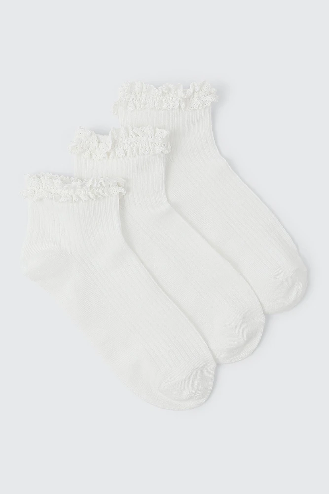 Ardene 3-Pack Demi Crew Socks with Frills in White | Polyester/Spandex