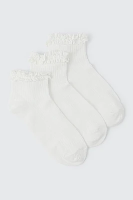 Ardene 3-Pack Demi Crew Socks with Frills in White | Polyester/Spandex