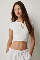Ardene Seamless Crop Crew Neck T-Shirt in Frost White | Size Small | Nylon/Elastane