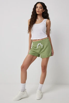 Ardene Smocked Waist French Terry Shorts in Light Green | Size | Polyester/Spandex/Cotton