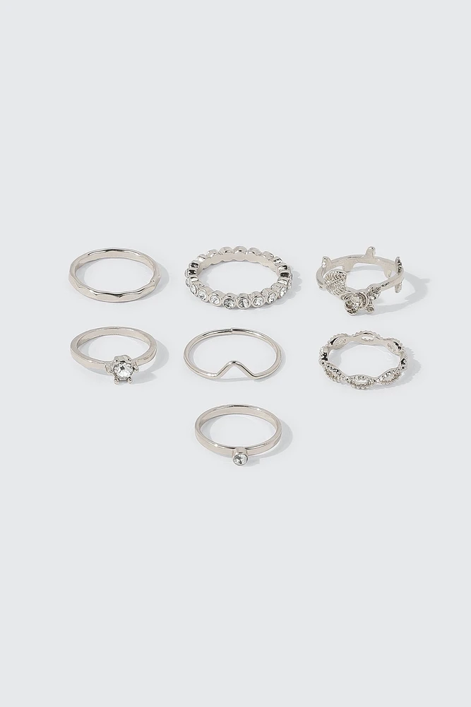 Ardene 7-Pack Rose & Crystal Rings in Silver | Size