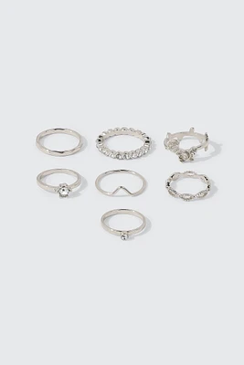 Ardene 7-Pack Rose & Crystal Rings in Silver | Size