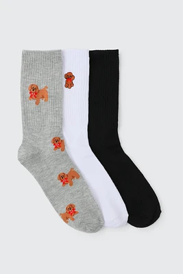 Ardene 3-Pack Crew Socks with Dog Embroidery in Grey | Polyester/Spandex
