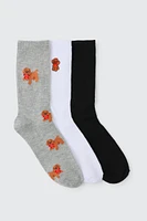 Ardene 3-Pack Crew Socks with Dog Embroidery in Grey | Polyester/Spandex