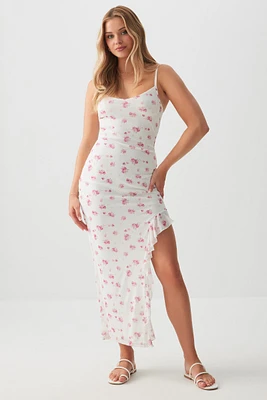 Ardene Floral Mesh Ruffle Maxi Dress in White | Size | Polyester/Spandex