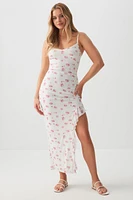 Ardene Floral Mesh Ruffle Maxi Dress in White | Size | Polyester/Spandex