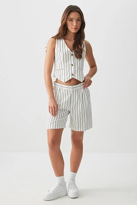 Ardene Striped Linen Blend Pleated Shorts in White | Size | Rayon/Cotton