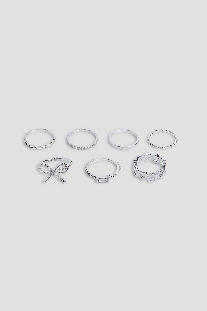 Ardene 7-Pack Bow & Heart Rings in Silver | Size Small