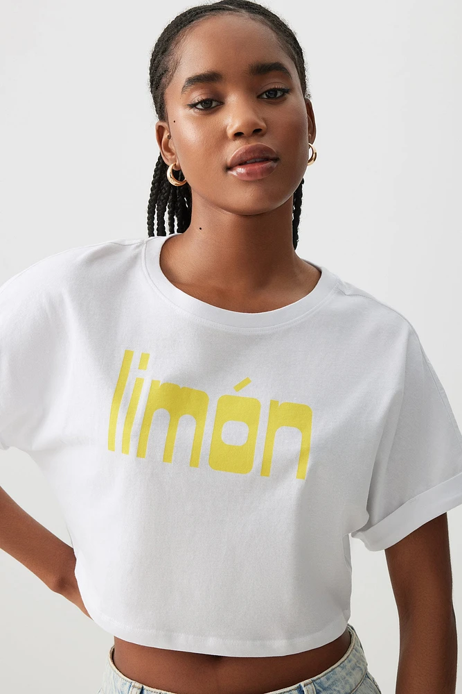 Ardene Ultra Crop Boxy Graphic T-Shirt in White | Size | 100% Cotton/Viscose
