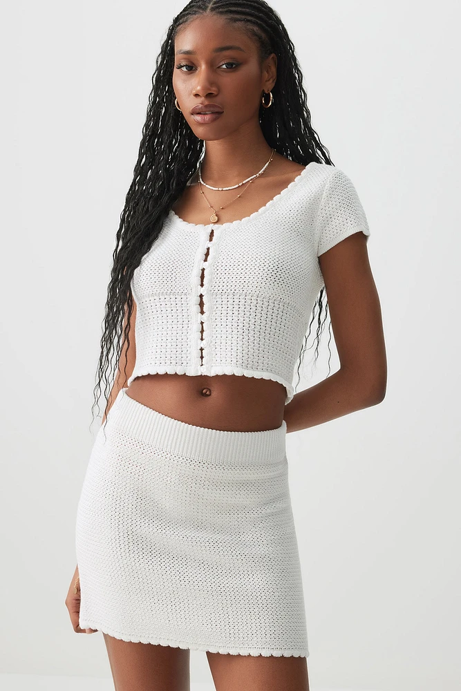 Ardene Crochet Button Up Top in White | Size | Cotton
