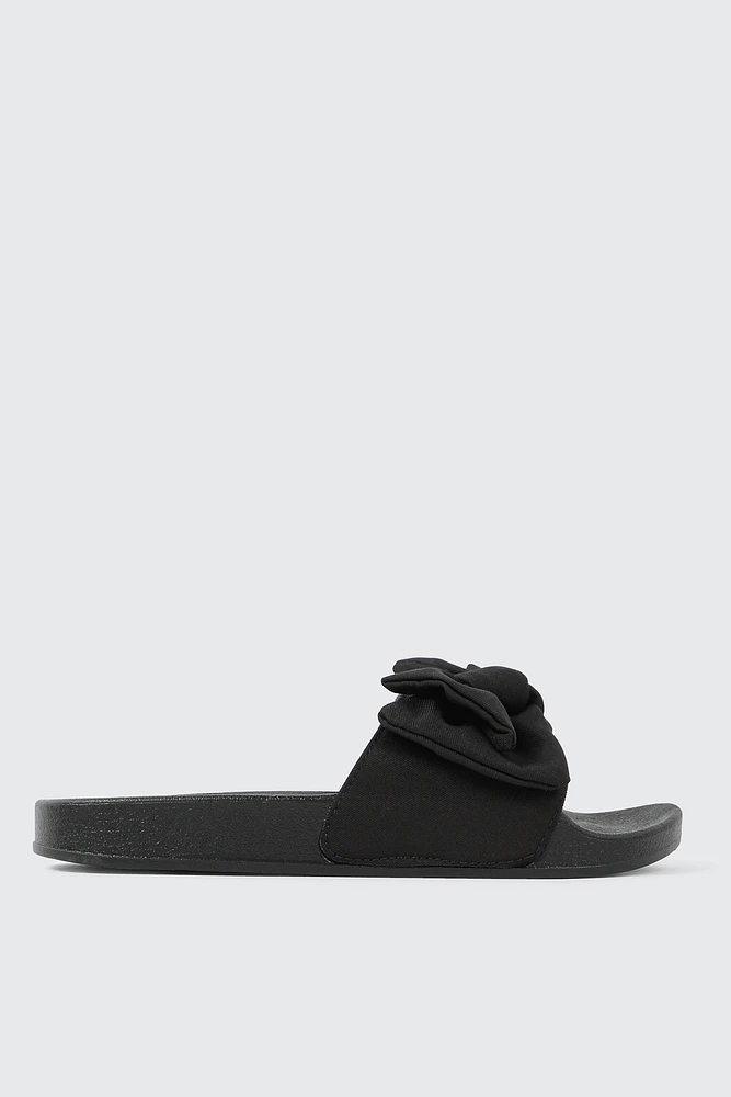 Ardene Slides with Bow Detail in Black | Size