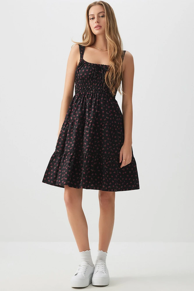 Ardene Printed Poplin Tiered Dress in Black | Size | 100% Cotton