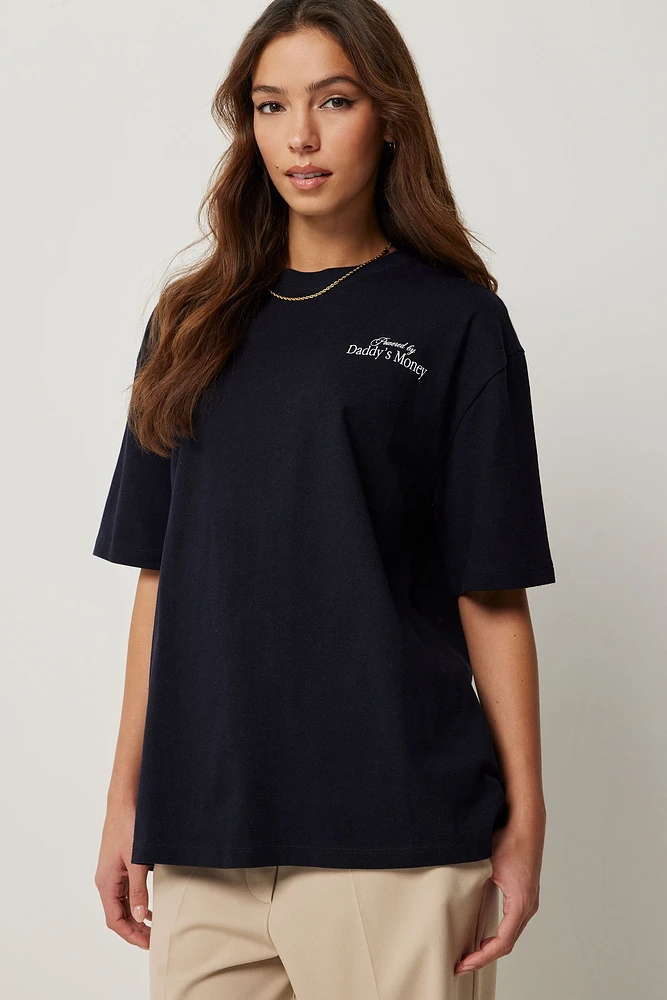 Ardene Printed Oversized T-Shirt in Dark Blue | Size Small | 100% Cotton