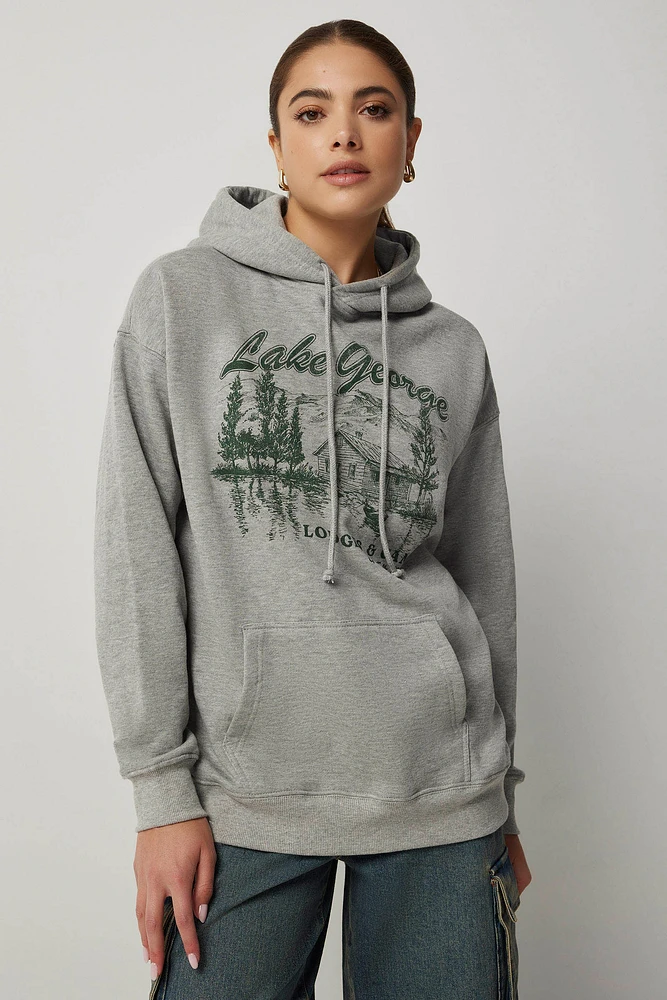Ardene Graphic Oversized Hoodie in Grey | Size Large | Polyester/Cotton | Fleece-Lined