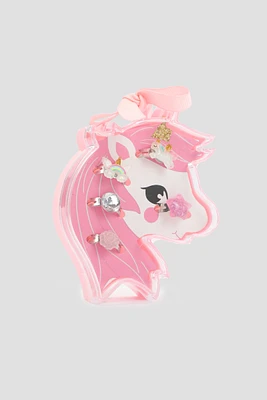 Ardene Kids 5-Pack Rings with Unicorn Case in Light Pink
